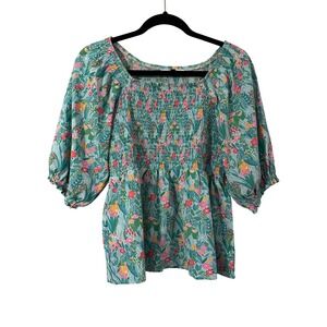 Michelle McDowell Women's Smocked Square Neck Puff Sleeve Tropical Floral‎ Top